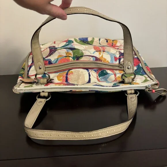 Coach Poppy Colorful Signature Canvas Hallie East/West Taupe Patent Leather Tote - Picture 9 of 14